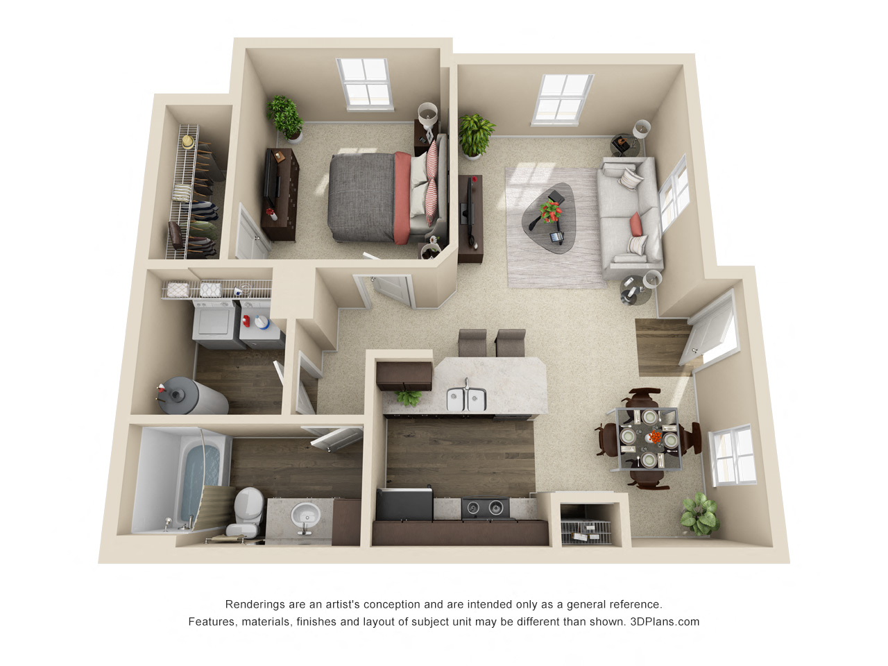 Floor plan for 1 bed, 1 bath, 743 sqft